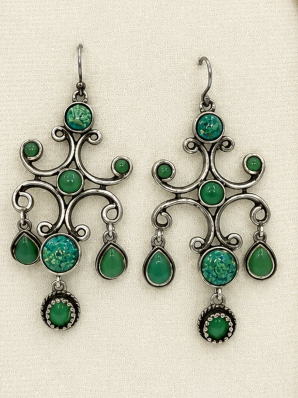 Green Stone Chandelier Earrings Silver Tone Boho Scroll Dangle Statement